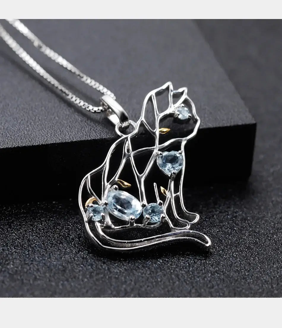 GEM’S BALLET Cat Shape Natural Sky Blue Topaz Animal Jewelry 925 Sterling Silver Handmade Gemstone Pendant Necklace