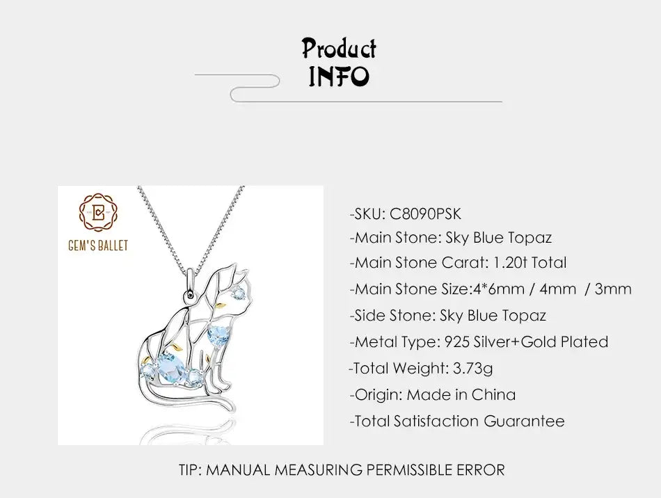 GEM’S BALLET Cat Shape Natural Sky Blue Topaz Animal Jewelry 925 Sterling Silver Handmade Gemstone Pendant Necklace