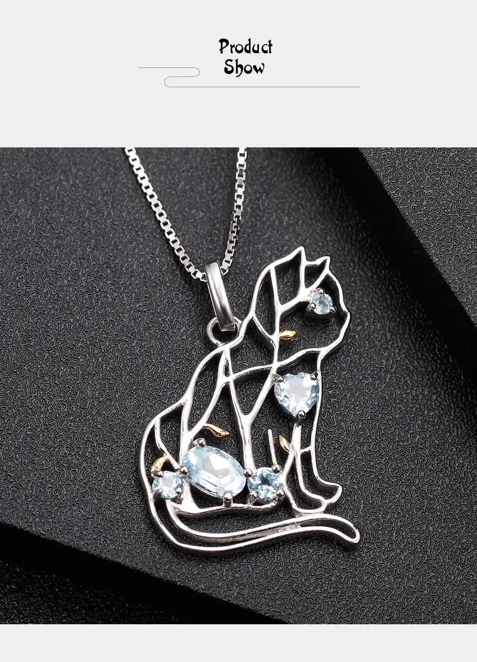 GEM’S BALLET Cat Shape Natural Sky Blue Topaz Animal Jewelry 925 Sterling Silver Handmade Gemstone Pendant Necklace