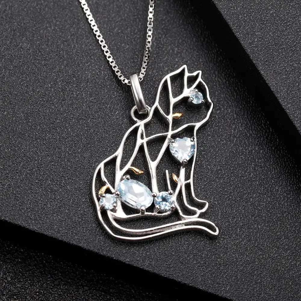 GEM’S BALLET Cat Shape Natural Sky Blue Topaz Animal Jewelry 925 Sterling Silver Handmade Gemstone Pendant Necklace