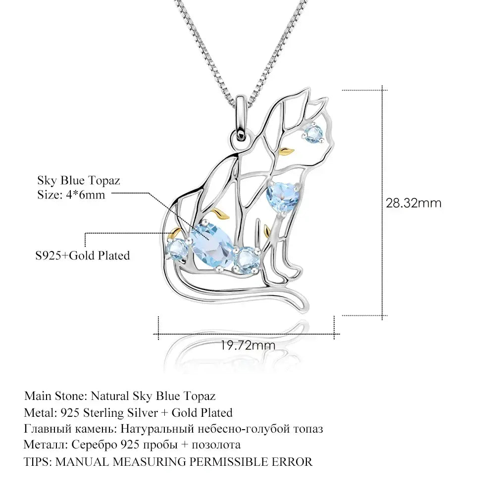 GEM’S BALLET Cat Shape Natural Sky Blue Topaz Animal Jewelry 925 Sterling Silver Handmade Gemstone Pendant Necklace