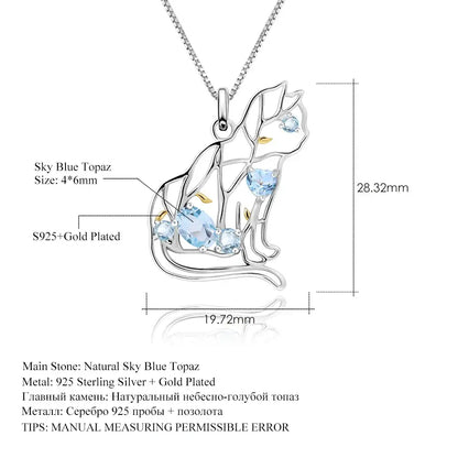 GEM’S BALLET Cat Shape Natural Sky Blue Topaz Animal Jewelry 925 Sterling Silver Handmade Gemstone Pendant Necklace