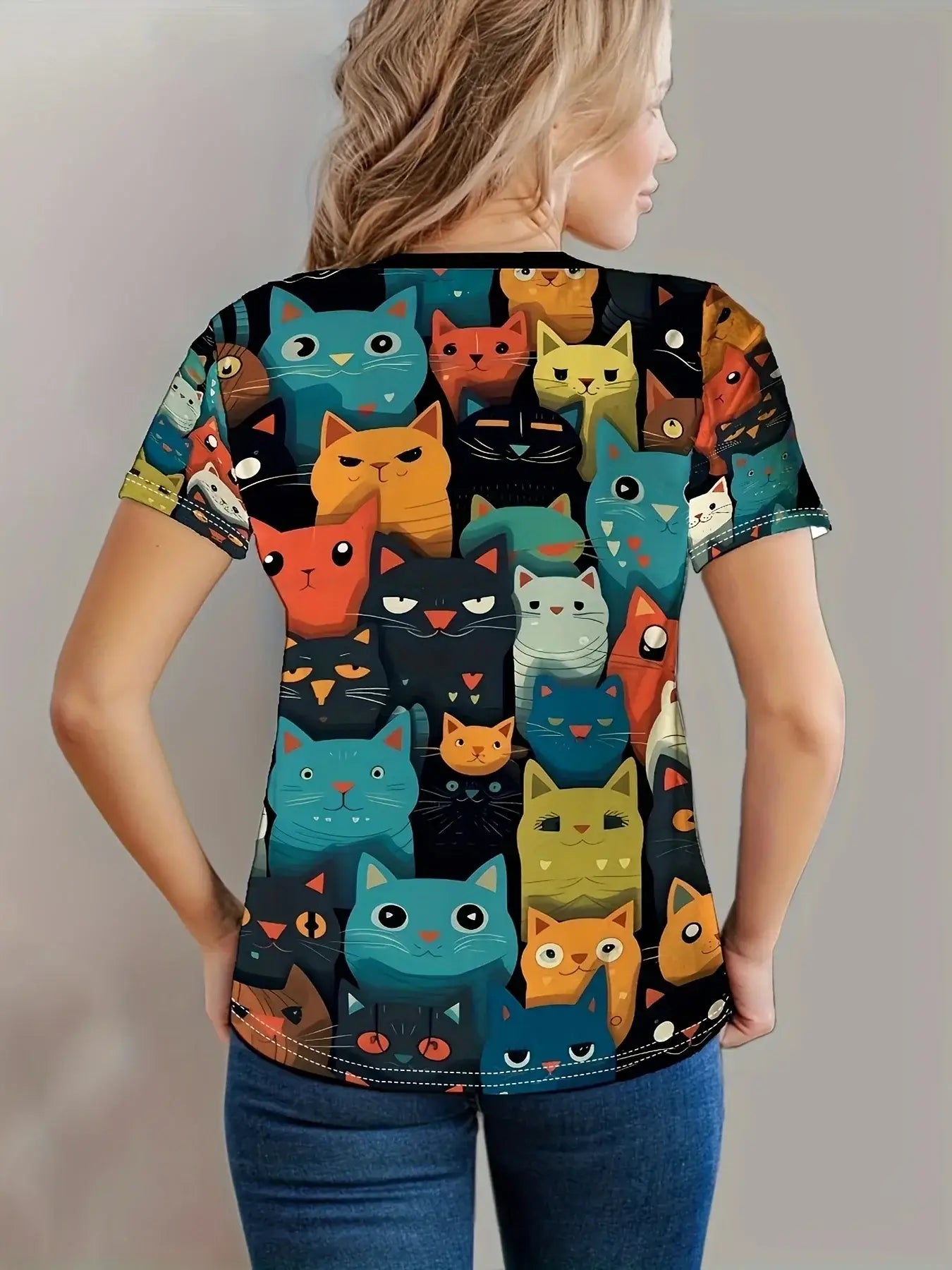 Cats Print Crew Neck T-Shirt