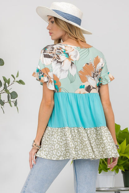 Printed Color Block Ruffled Top - Eclectage