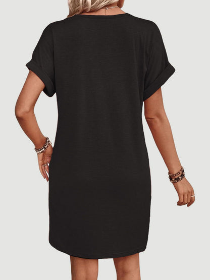 Quarter Button V-Neck Short Sleeve Dress - Eclectage