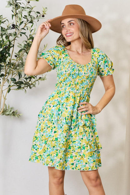 Yellow Floral Flounce Sleeve Mini Dress - Eclectage