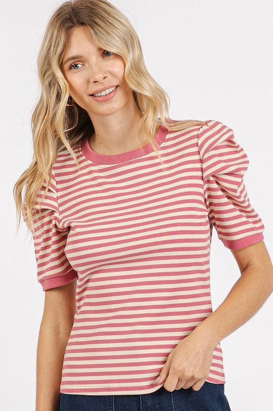 Mauve Striped Puff Sleeve T-Shirt - Eclectage