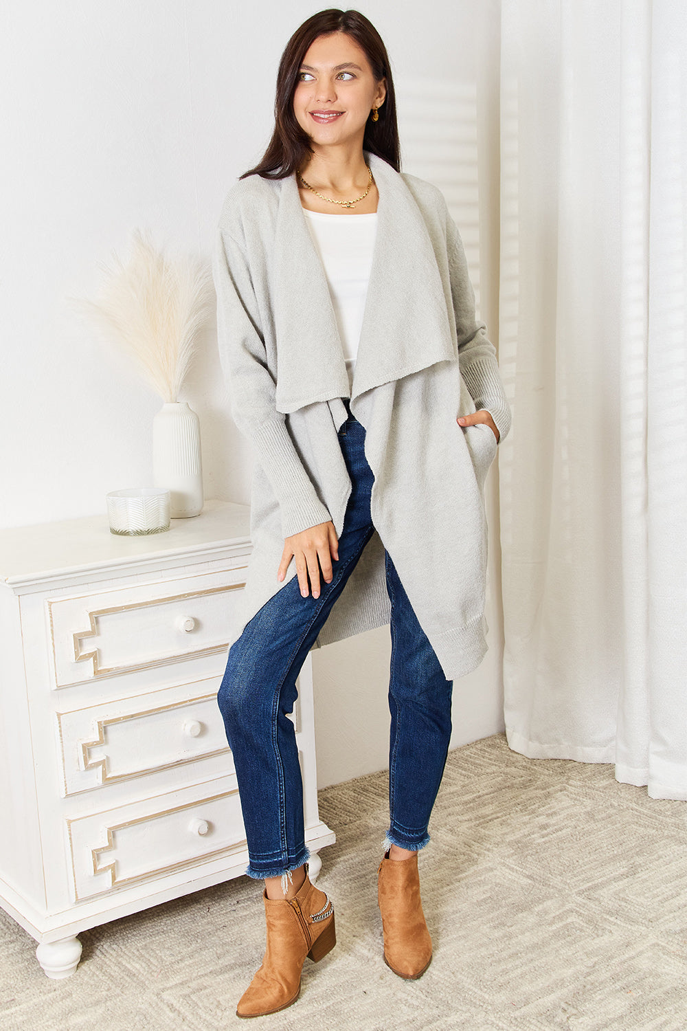 Light Gray Duster Cardigan with Pockets - Eclectage