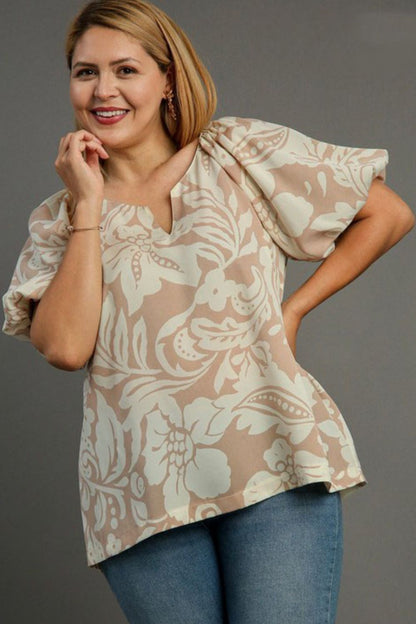 Umgee Full Size Boxy Cut Split Neck Floral Print Top Plus Size - Eclectage