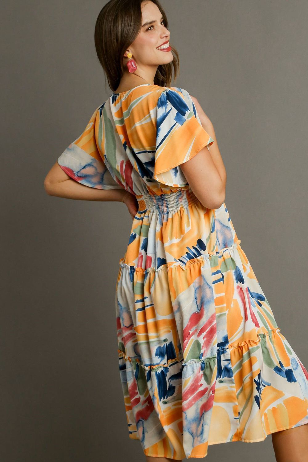 Abstract Print Frill Tiered Midi Dress - Eclectage