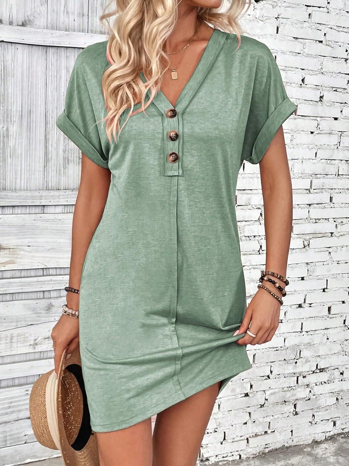 Quarter Button V-Neck Short Sleeve Dress - Eclectage