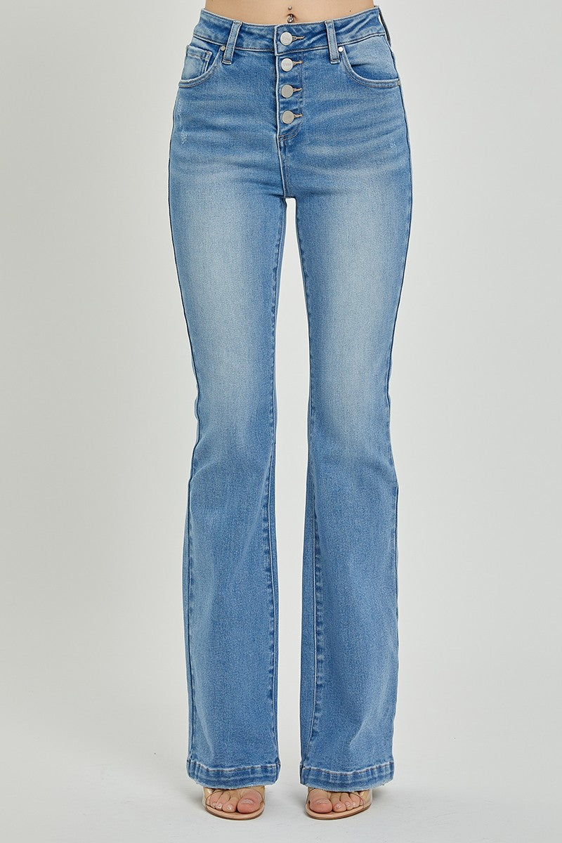 Lt Blue Button Fly Bootcut Jeans - Eclectage