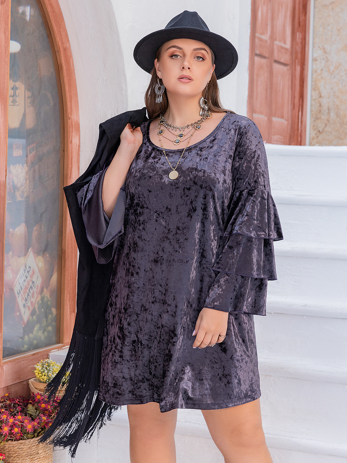 Plus Size Flounce Sleeve Mini Dress