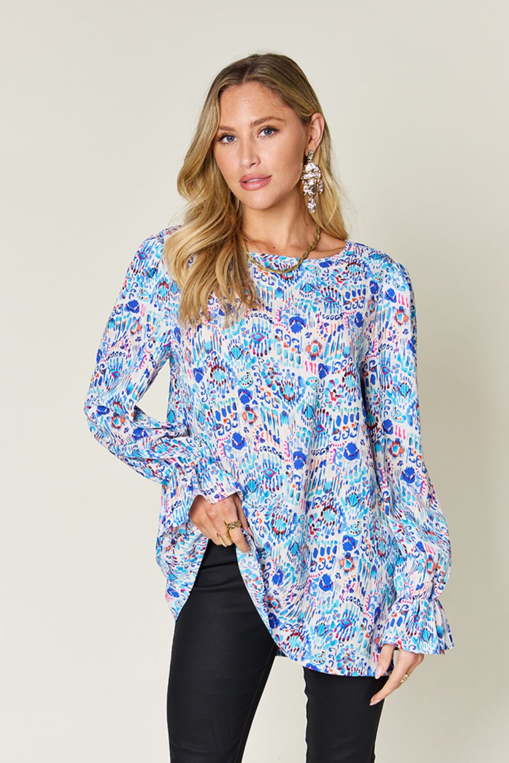 Long Sleeve Printed Flounce Sleeve Blouse - Eclectage