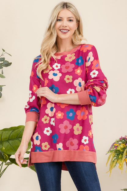 Side Slit Flower Print Long Sleeve Top - Eclectage