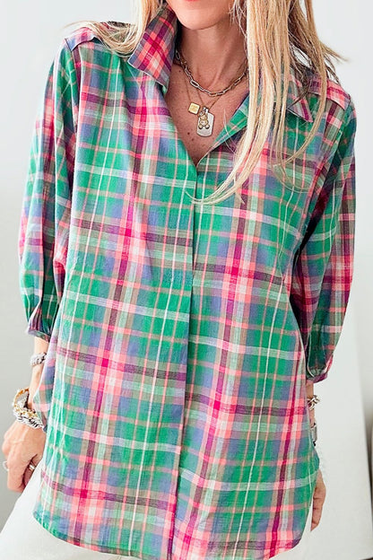 Plaid Collared Neck Three-Quarter Sleeve Shirt - Eclectage