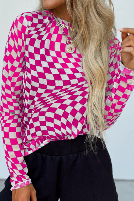 Checkered Mock Neck Long Sleeve Blouse - Eclectage