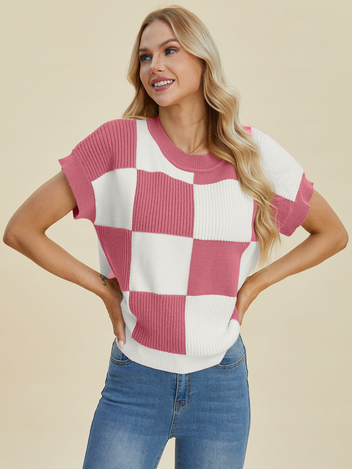 Double Take Full Size Checkered Round Neck Short Sleeve Sweater - Eclectage