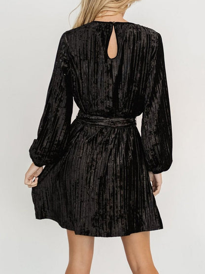 Velvet Tie Waist Long Sleeve Mini Dress