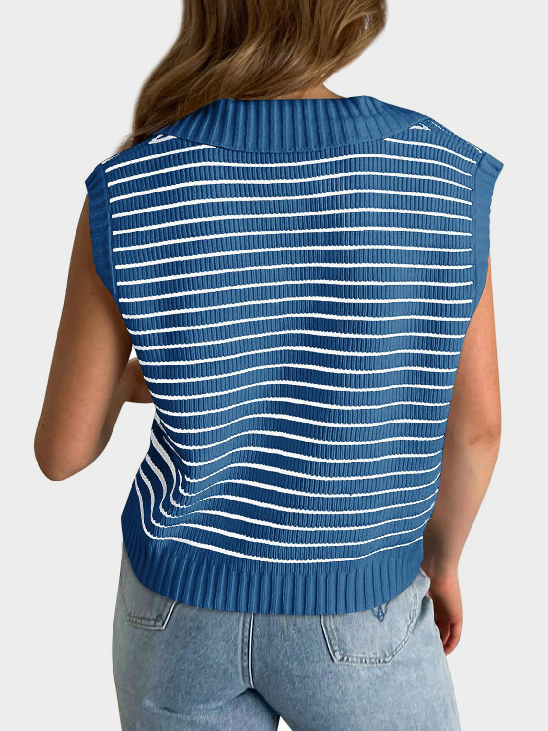 Collared Neck Striped Sweater Vest - Eclectage