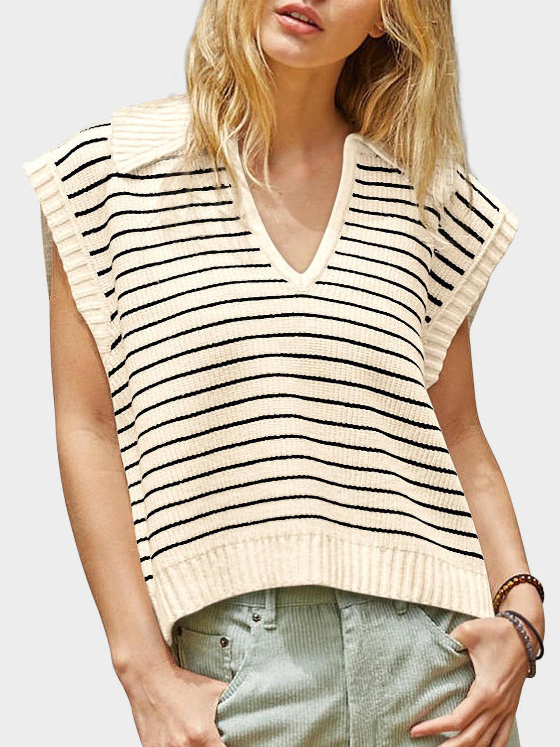 Collared Neck Striped Sweater Vest - Eclectage