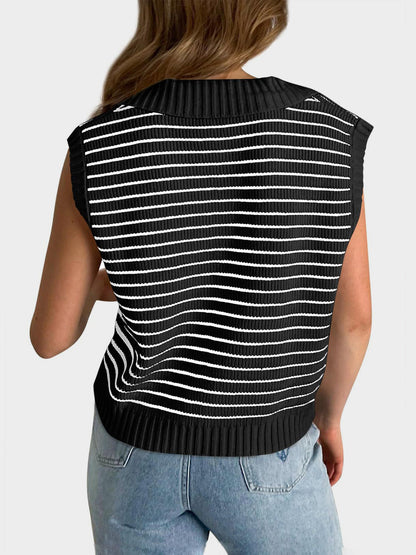 Collared Neck Striped Sweater Vest - Eclectage