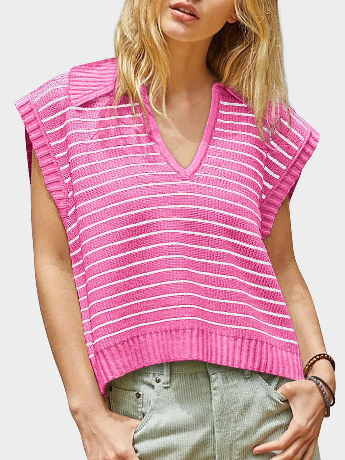 Collared Neck Striped Sweater Vest - Eclectage