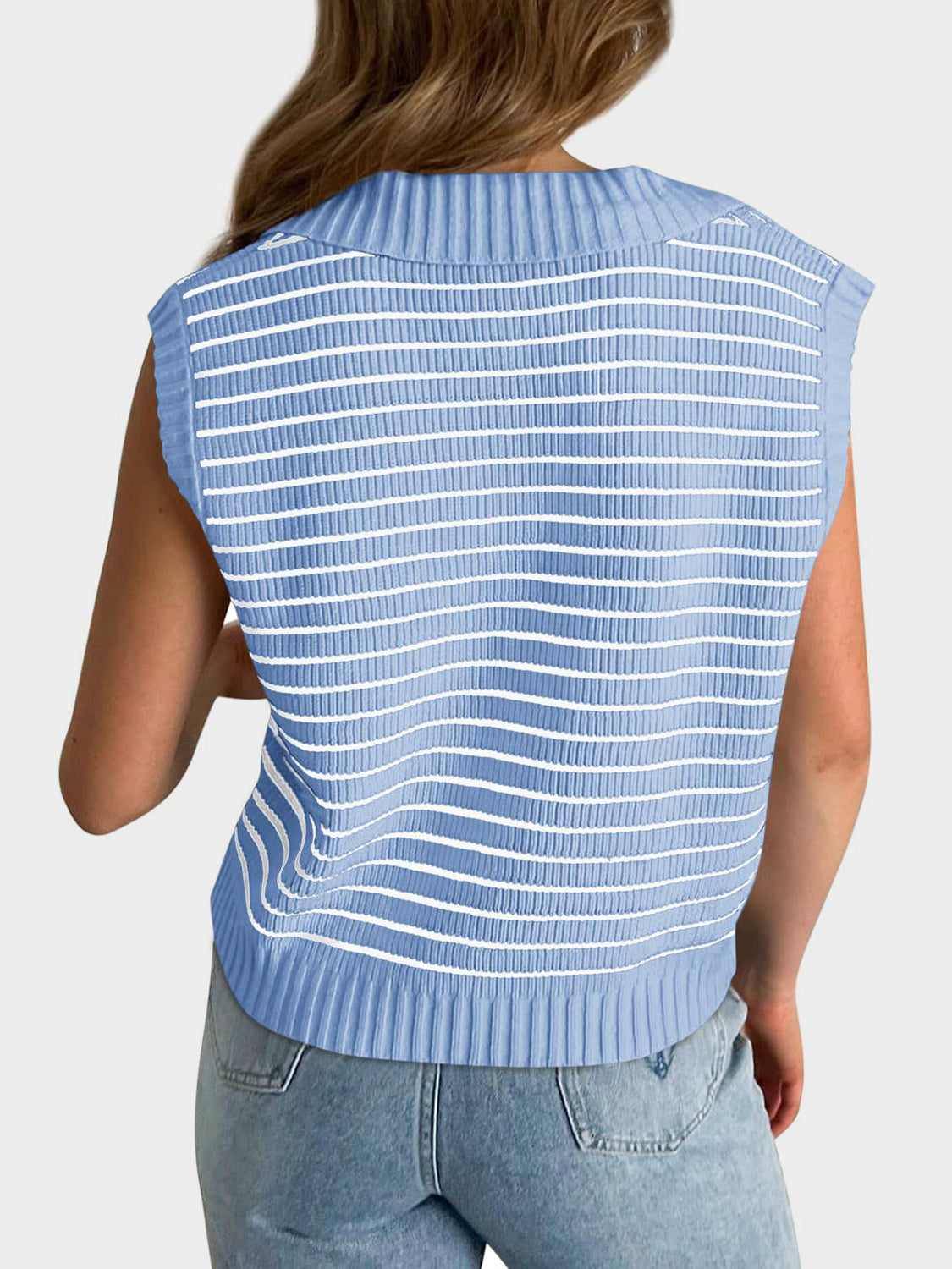 Collared Neck Striped Sweater Vest - Eclectage