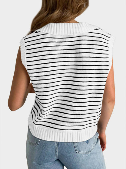 Collared Neck Striped Sweater Vest - Eclectage