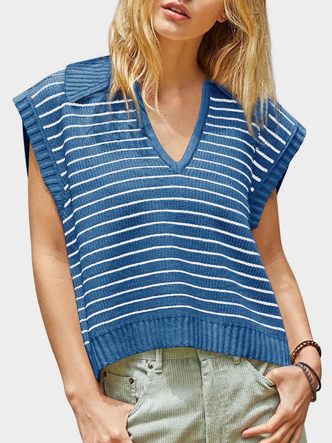 Collared Neck Striped Sweater Vest - Eclectage