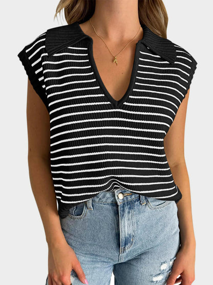 Collared Neck Striped Sweater Vest - Eclectage