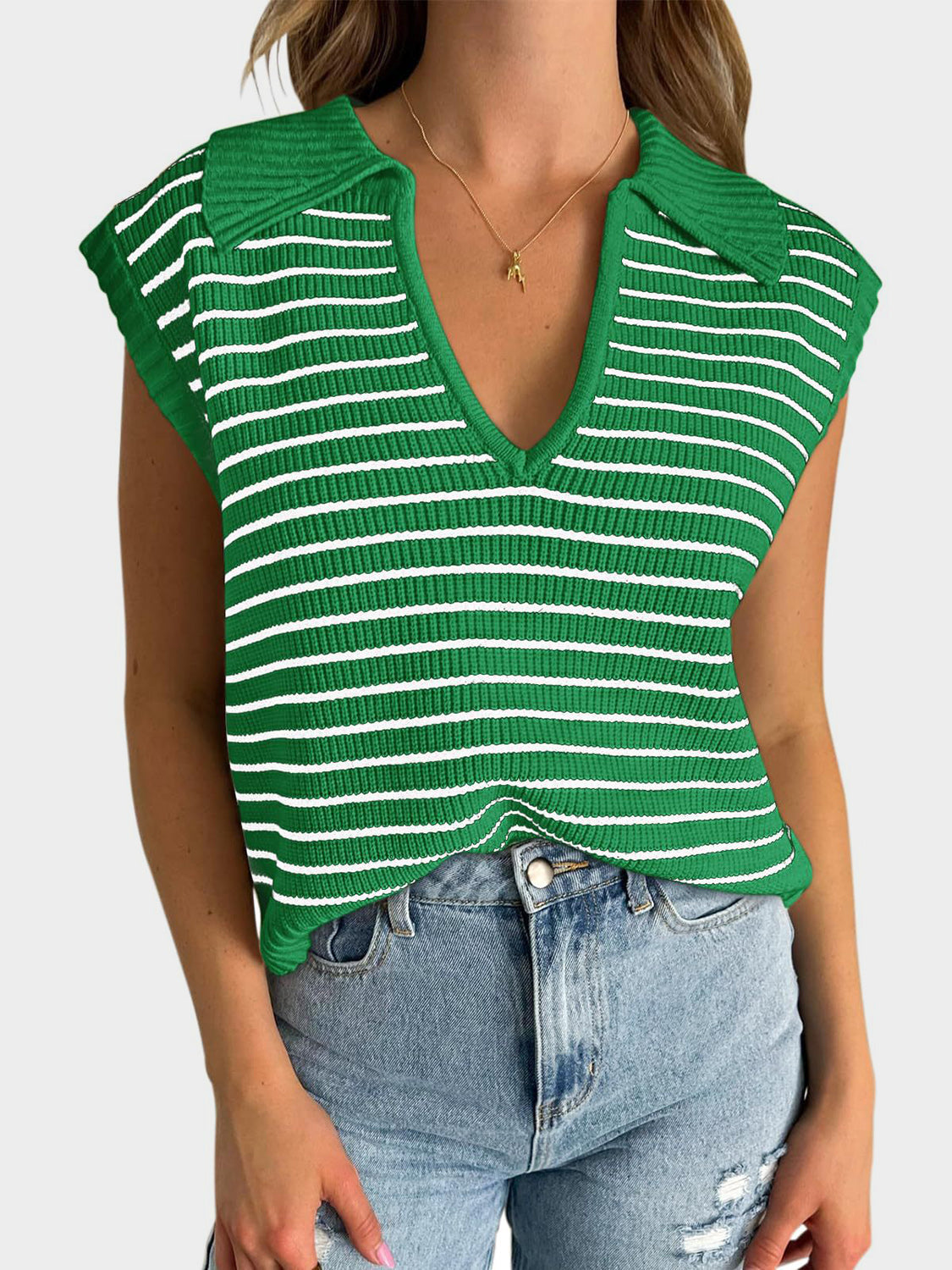 Collared Neck Striped Sweater Vest - Eclectage