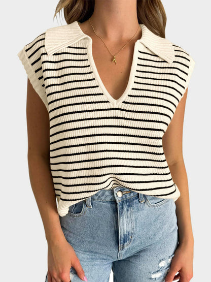 Collared Neck Striped Sweater Vest - Eclectage