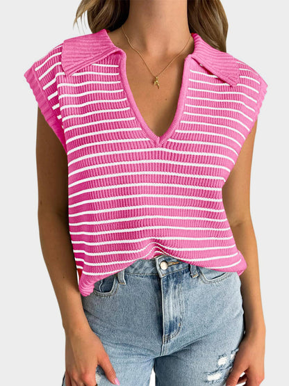 Collared Neck Striped Sweater Vest - Eclectage