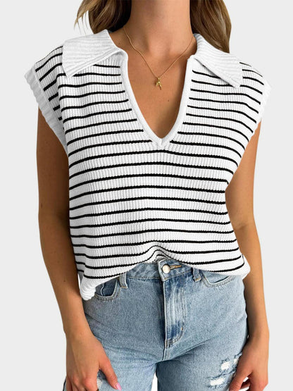 Collared Neck Striped Sweater Vest - Eclectage