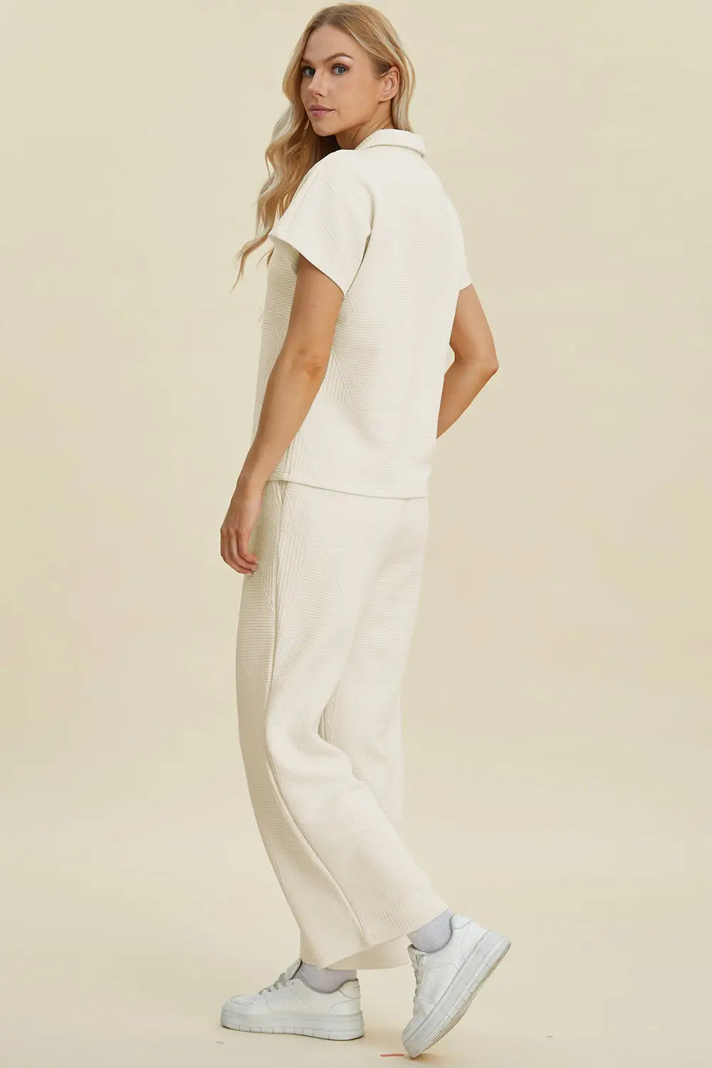Double Take Full Size Collared Neck Short Sleeve Top and Pants Set - Eclectage