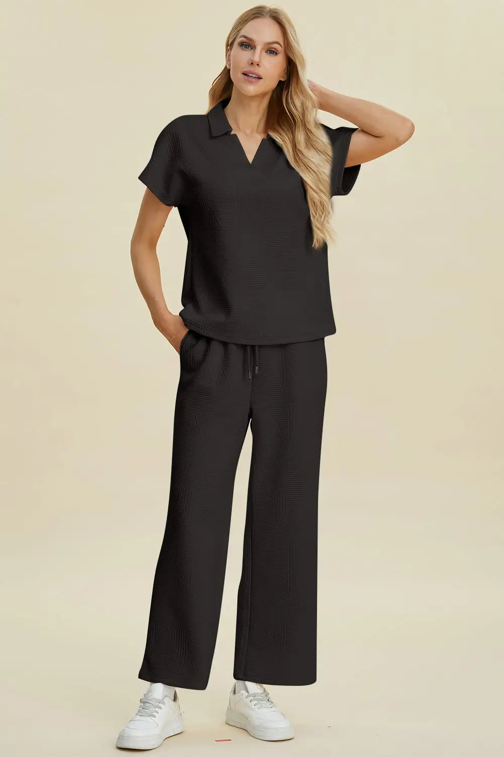 Double Take Full Size Collared Neck Short Sleeve Top and Pants Set - Eclectage