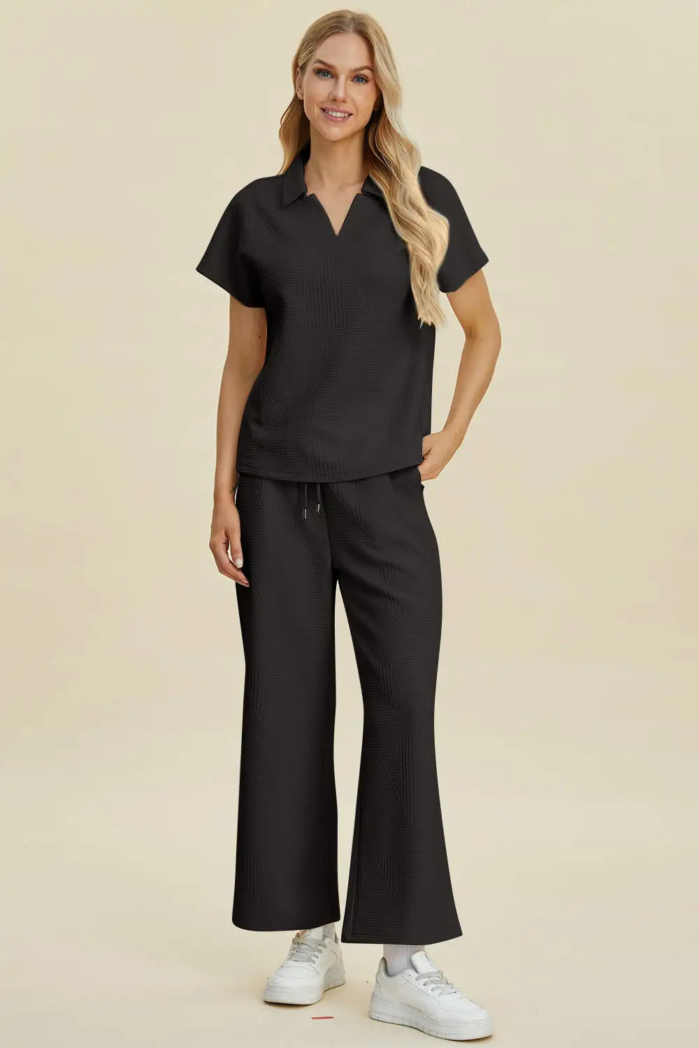 Double Take Full Size Collared Neck Short Sleeve Top and Pants Set - Eclectage