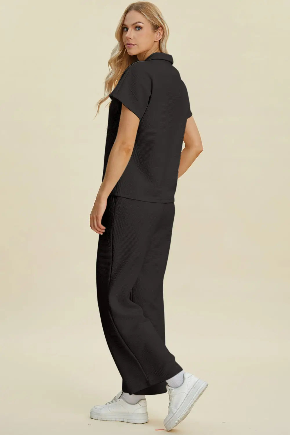 Double Take Full Size Collared Neck Short Sleeve Top and Pants Set - Eclectage