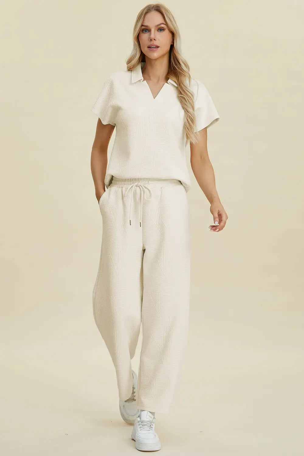 Double Take Full Size Collared Neck Short Sleeve Top and Pants Set - Eclectage
