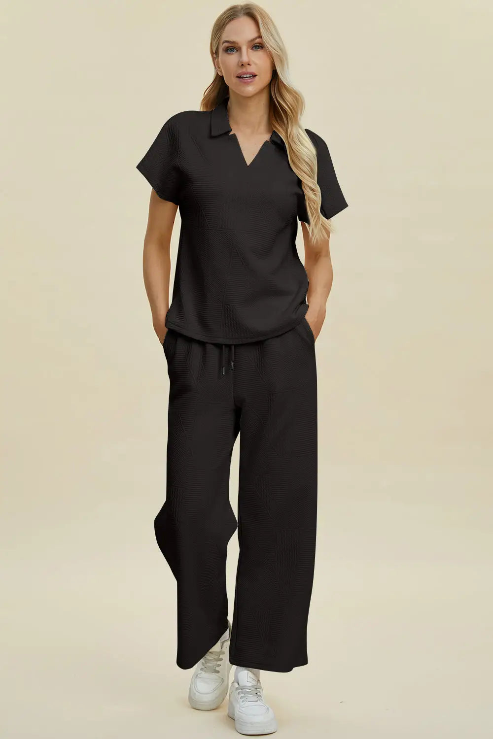 Double Take Full Size Collared Neck Short Sleeve Top and Pants Set - Eclectage