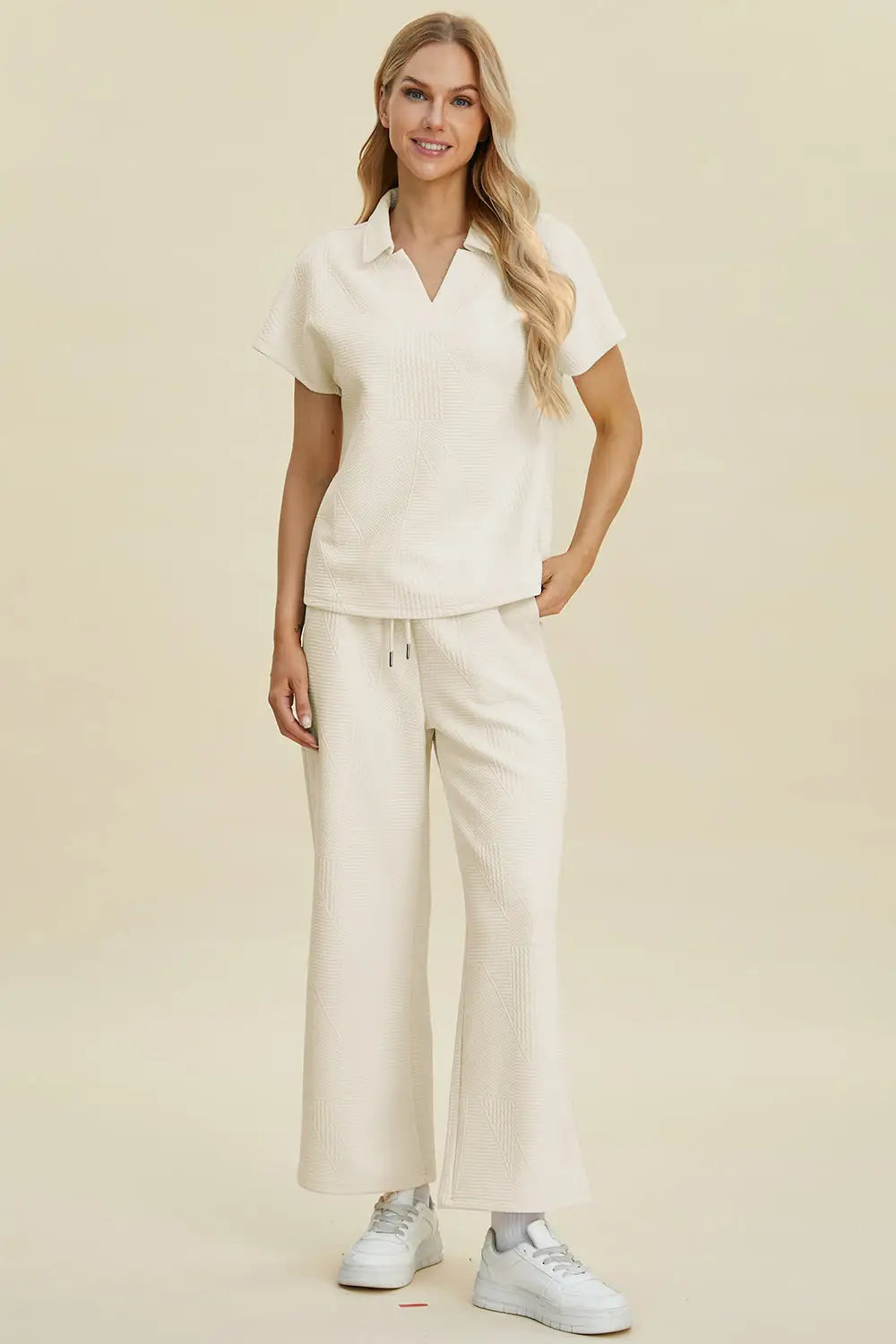 Double Take Full Size Collared Neck Short Sleeve Top and Pants Set - Eclectage