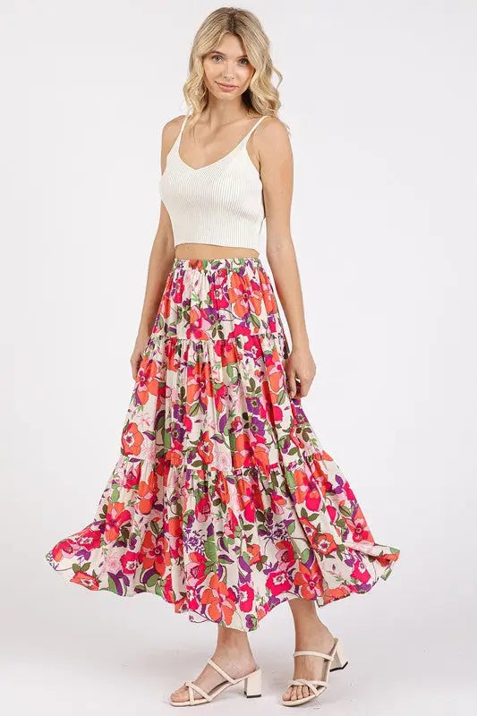 Coral Floral Print Tiered Skirt