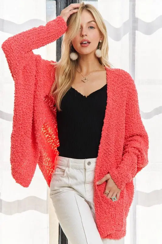 Coral Popcorn Knit Cardigan - Cardigans