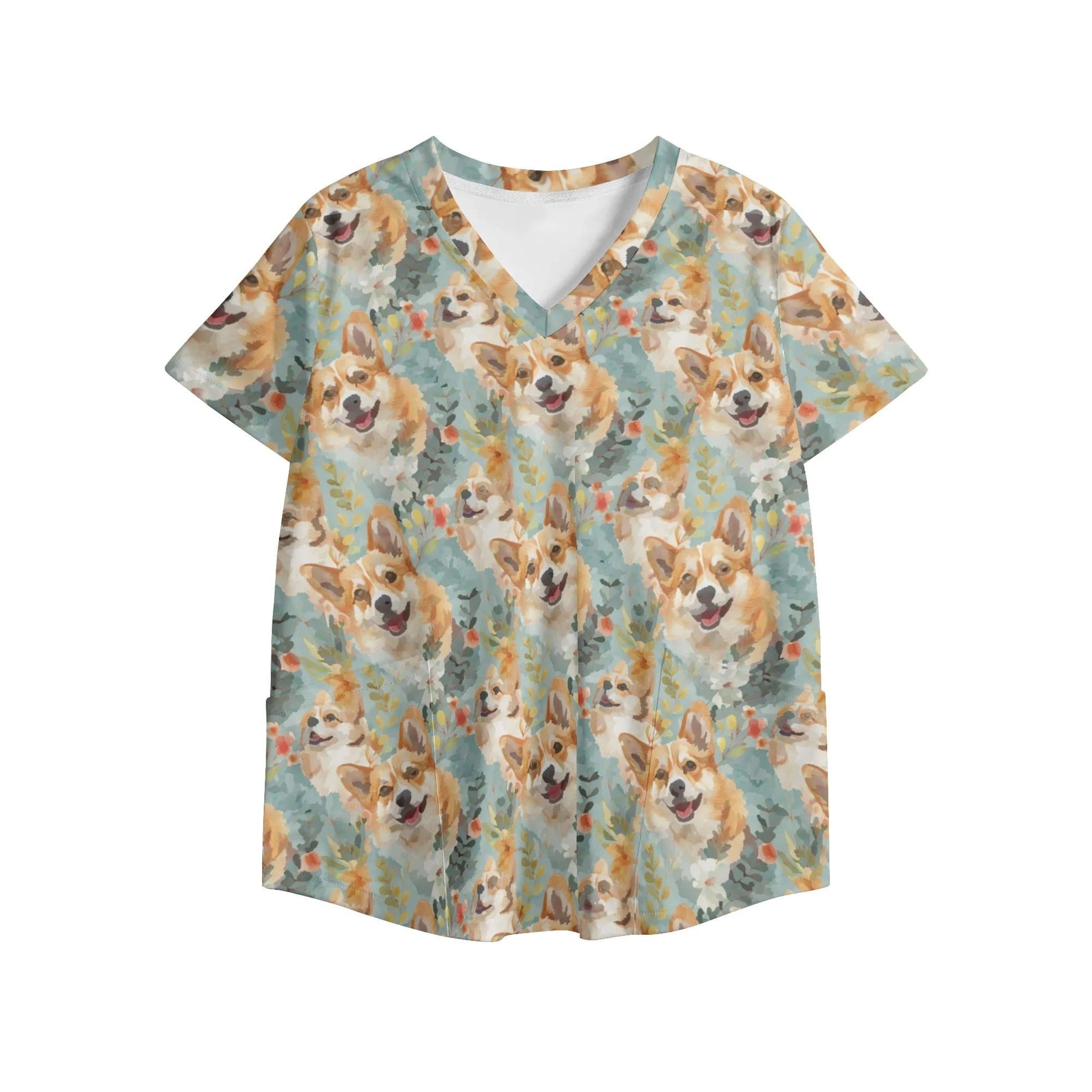 Corgi Dogs Print Womens V Neck Scrub Top Workwear - S to 2X