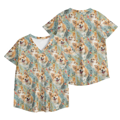 Corgi Dogs Print Womens V Neck Scrub Top Workwear - S to 2X