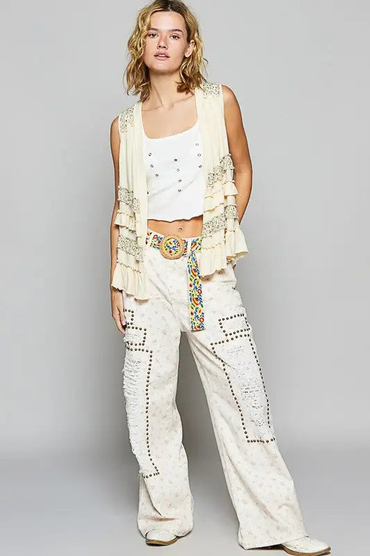 Cream Multicoloored Sleeveless Cardigan - Eclectage