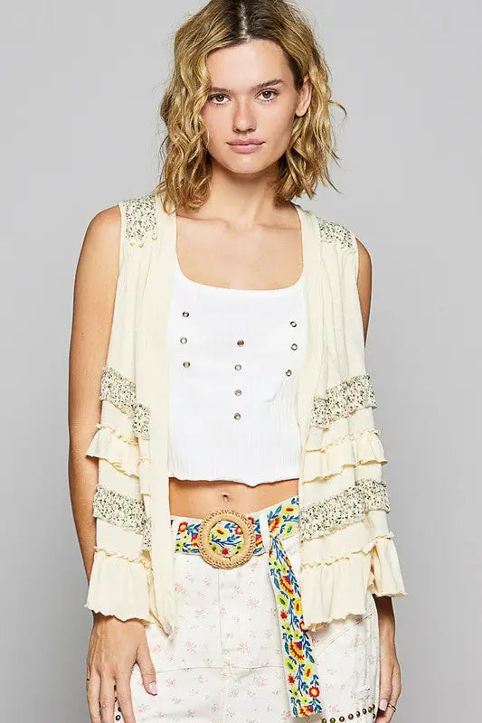 Cream Multicoloored Sleeveless Cardigan - Eclectage