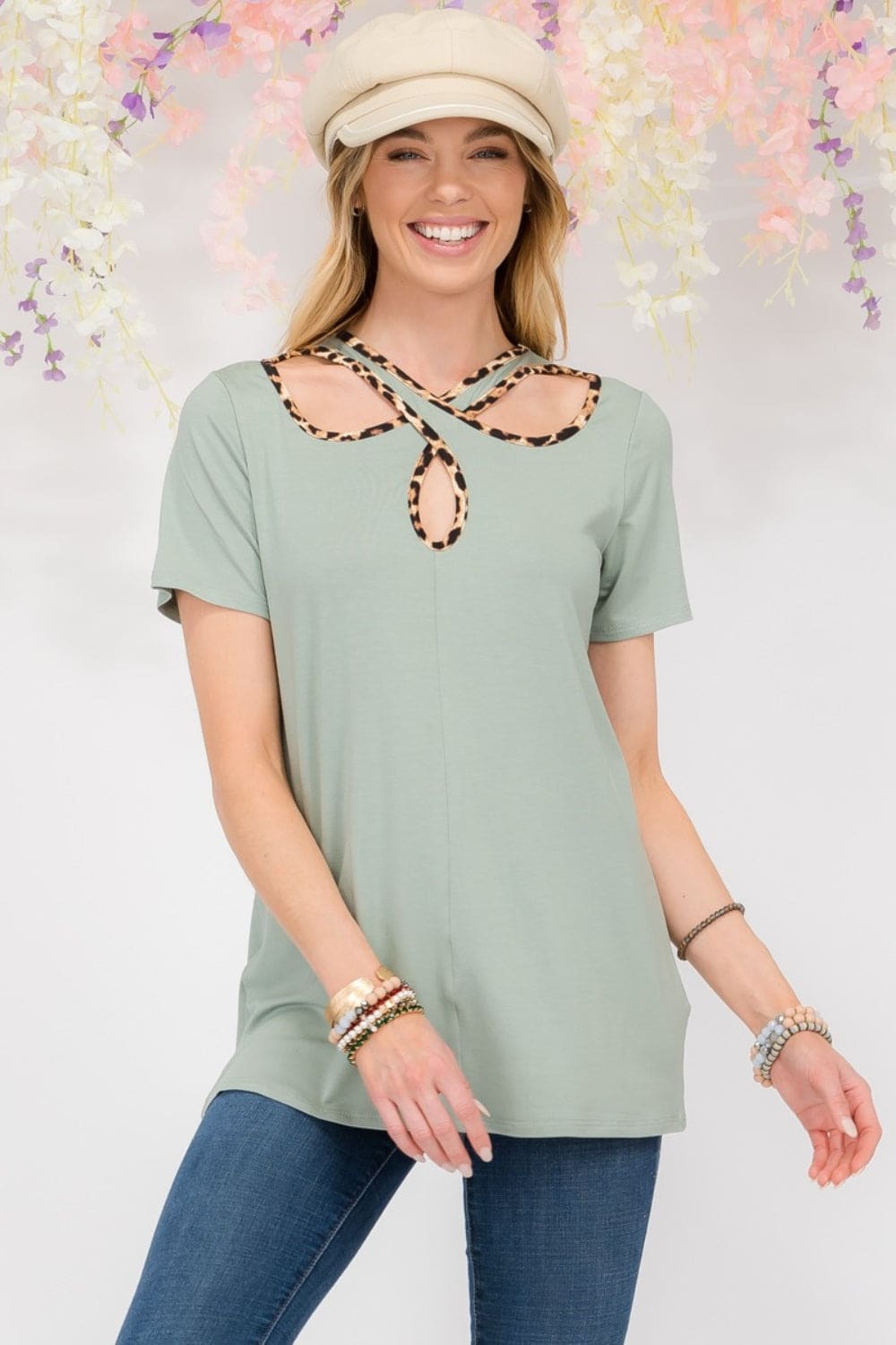 Crisscross Cutout Leopard Contrast Trim T-Shirt - S to 3X