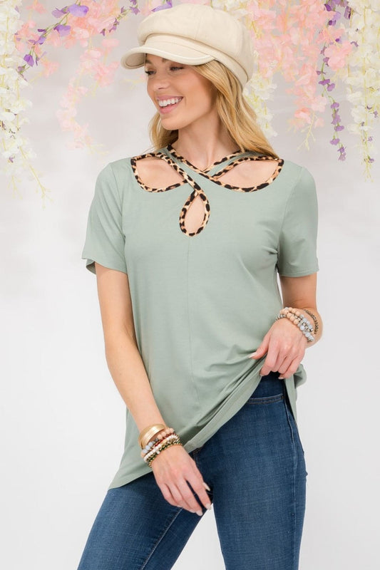 Crisscross Cutout Leopard Contrast Trim T-Shirt - S to 3X